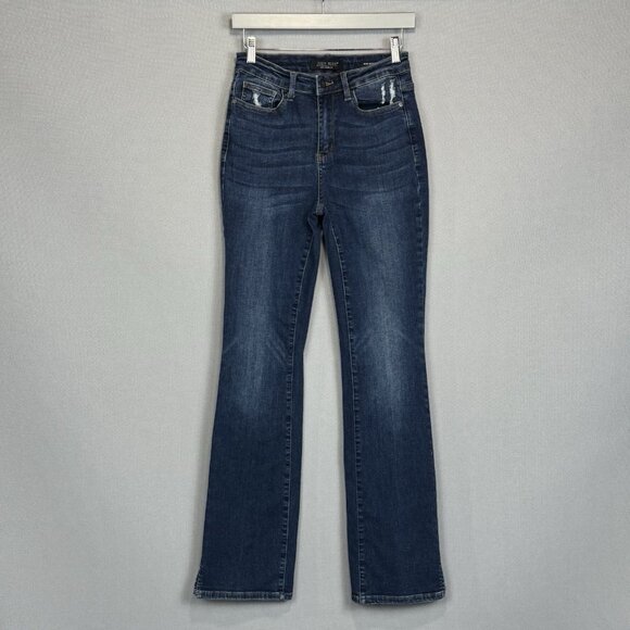 Judy Blue Jeans Womens 5/27 Slim Bootcut Split Hem Stretch Distressed Dark Wash - Picture 1 of 13